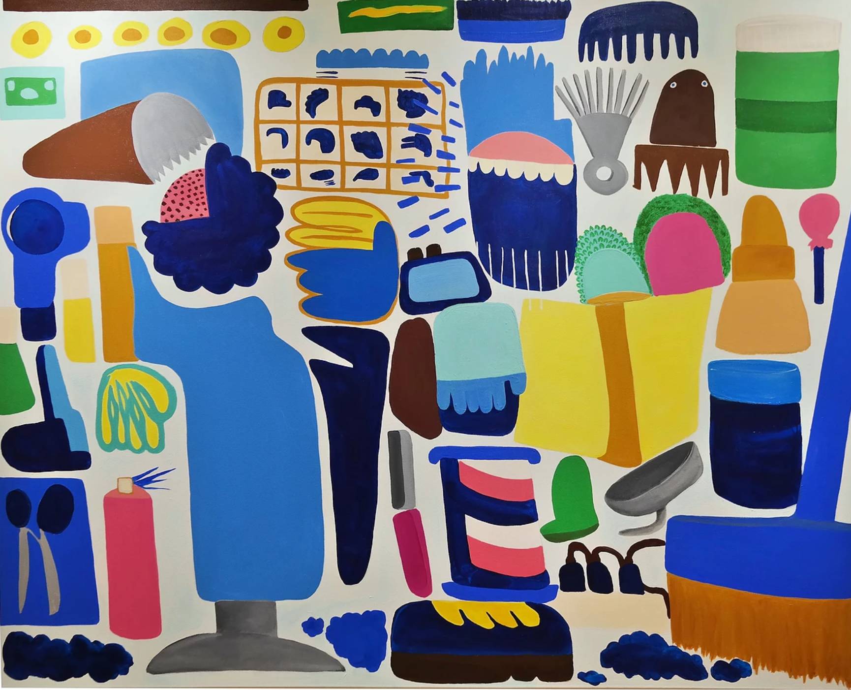 Colorful abstract painting that features items found in a barbershop.